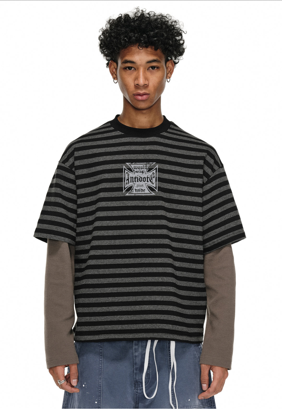 ANTIDOTE Cross Slogan Striped Layered Long Sleeve Tee | Face 3 Face