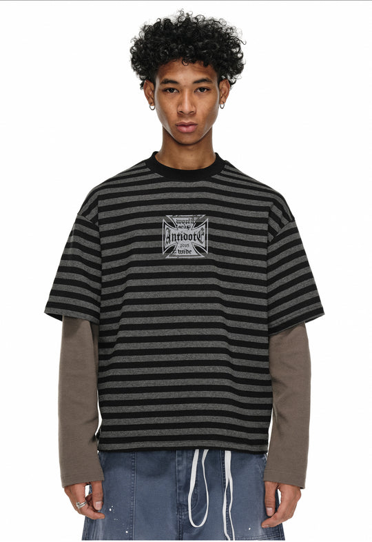 ANTIDOTE Cross Slogan Striped Layered Long Sleeve Tee | Face 3 Face
