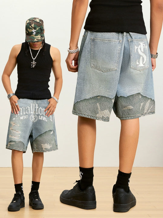 Small Town Kid Rhinestone Destroyed Print Denim Shorts | Face 3 Face