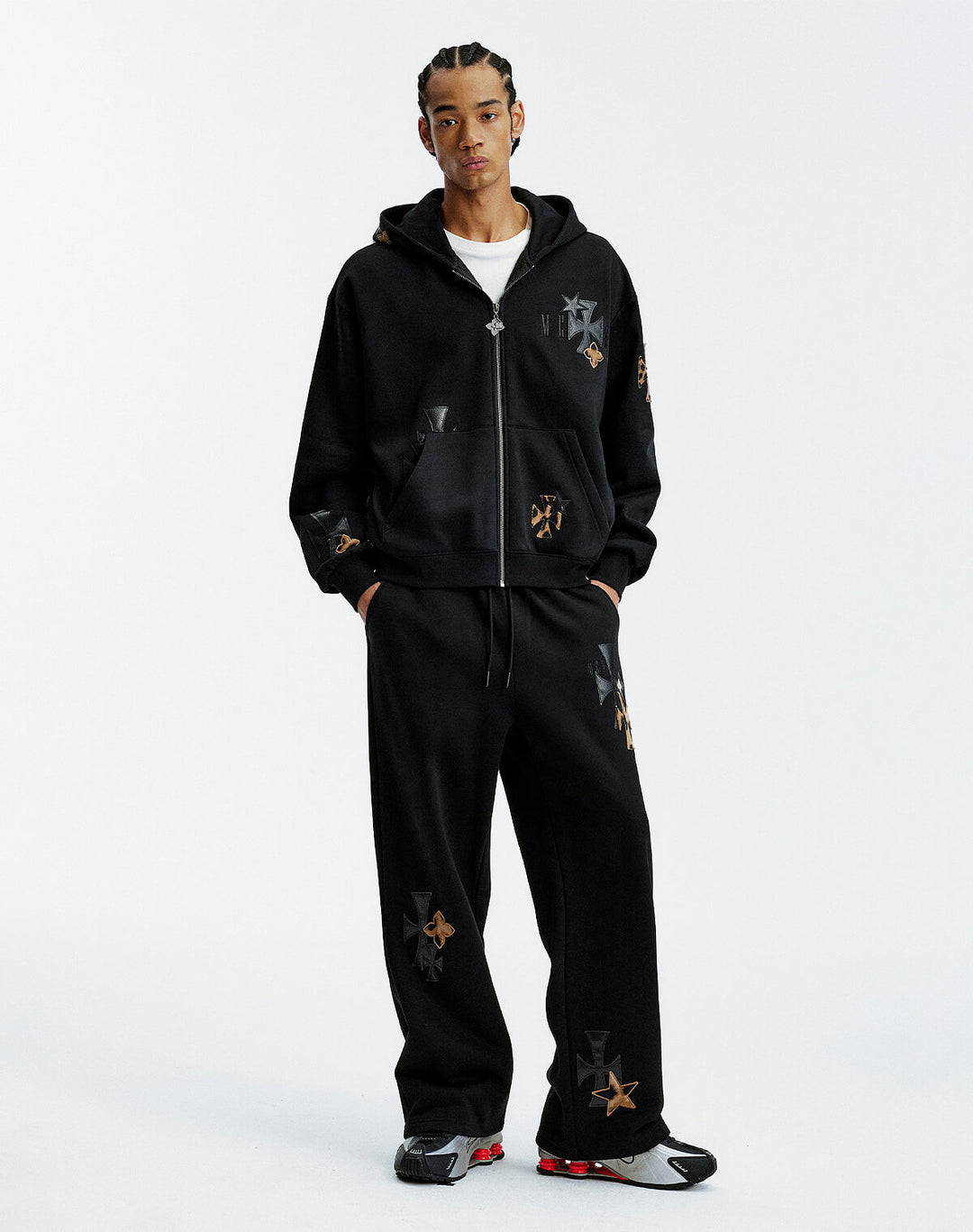 MEDM Cross Star Leather Patchwork Zip Up Hoodie | Face 3 Face