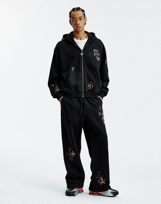 MEDM Cross Star Leather Patchwork Zip Up Hoodie | Face 3 Face