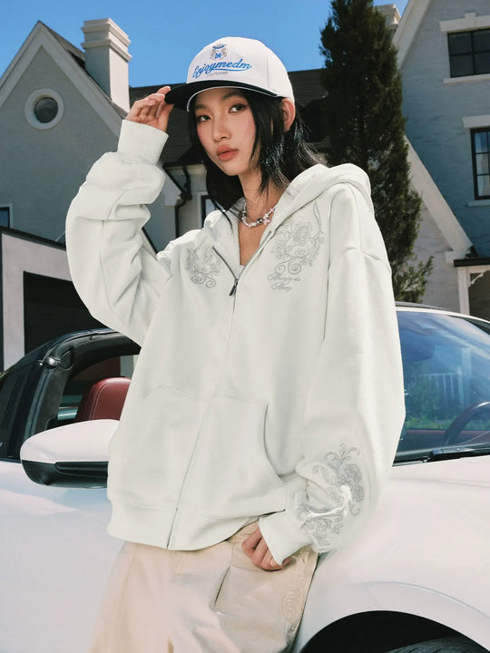 MEDM Patterned Flower Embroidered Zip Up Hoodie | Face 3 Face