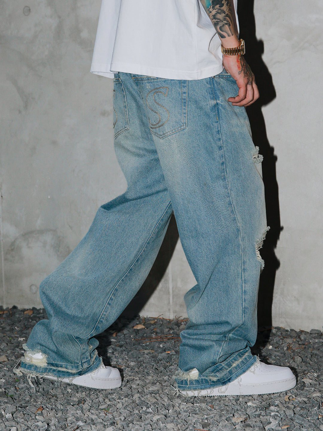 S45 Scattered Hem Washed Distressed Holes Jeans | Face 3 Face