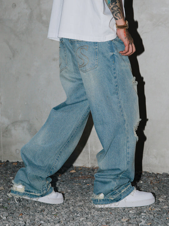 S45 Scattered Hem Washed Distressed Holes Jeans | Face 3 Face