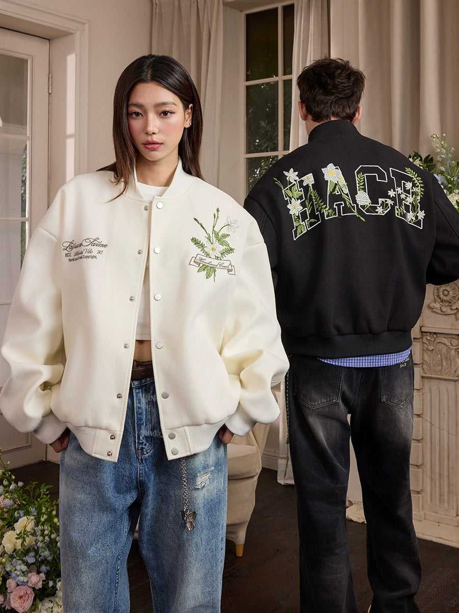 Harsh and Cruel Floral Script Embroidery Varsity Jacket | Face 3 Face