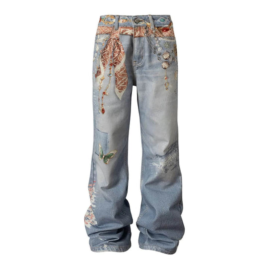 YADcrew Bandana Jewelry Digital Print Flared Jeans | Face 3 Face
