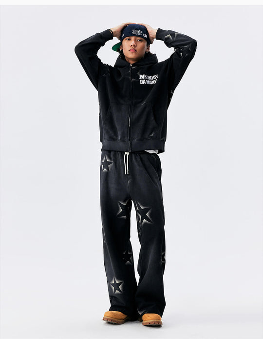 MEDM Washed Star All Over Print Zip Up Hoodie | Face 3 Face