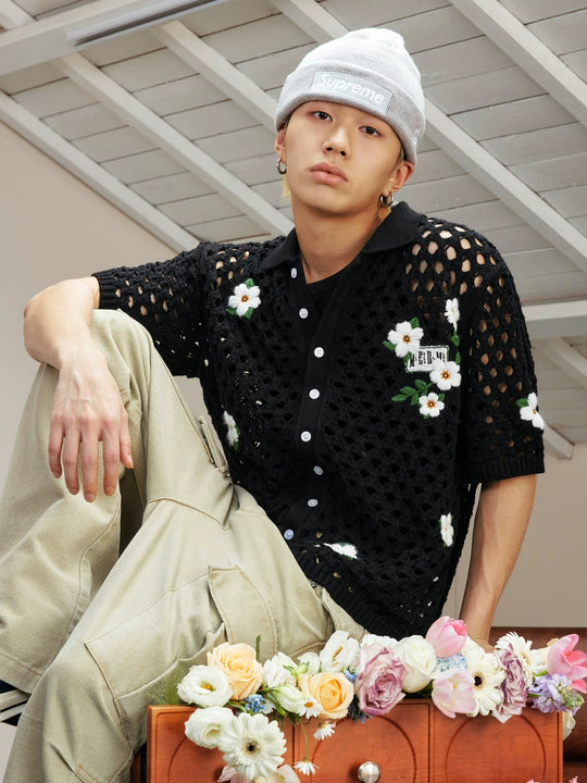 MEDM Flower Embroidery Open Knit Short Sleeve Shirt | Face 3 Face