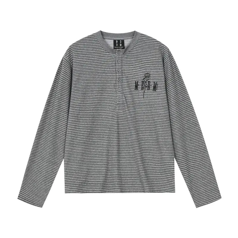 MEDM Rose Embroidered Striped Henley Long Sleeve Tee | Face 3 Face