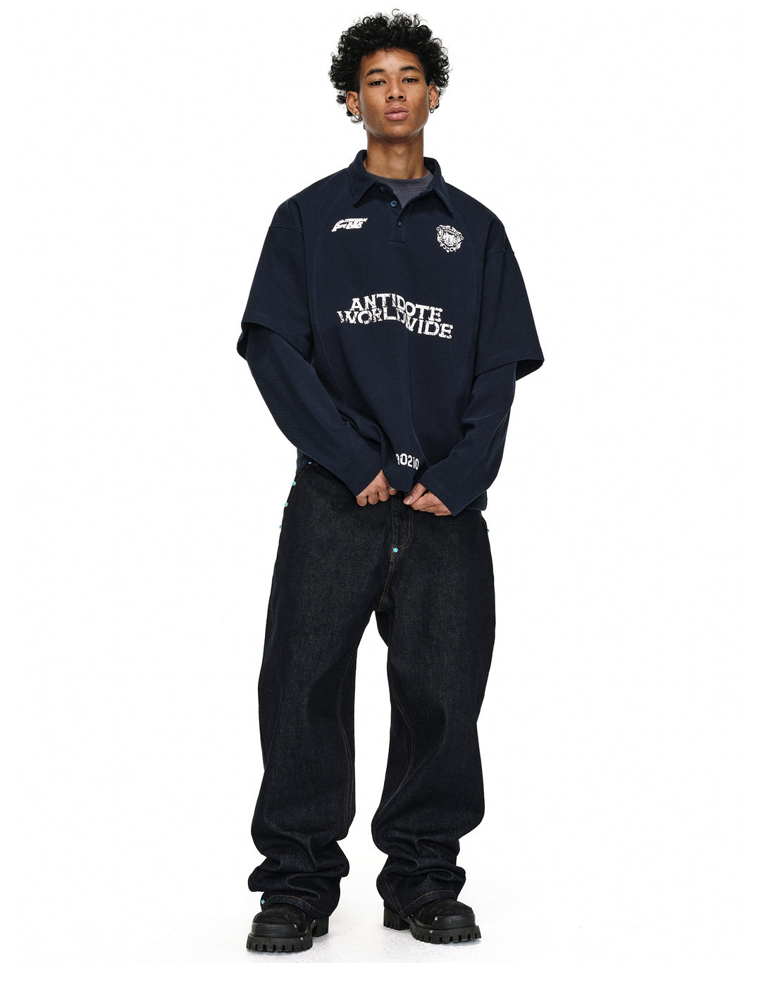 ANTIDOTE Logo & Badge Printed Layered Long Sleeve Polo | Face 3 Face