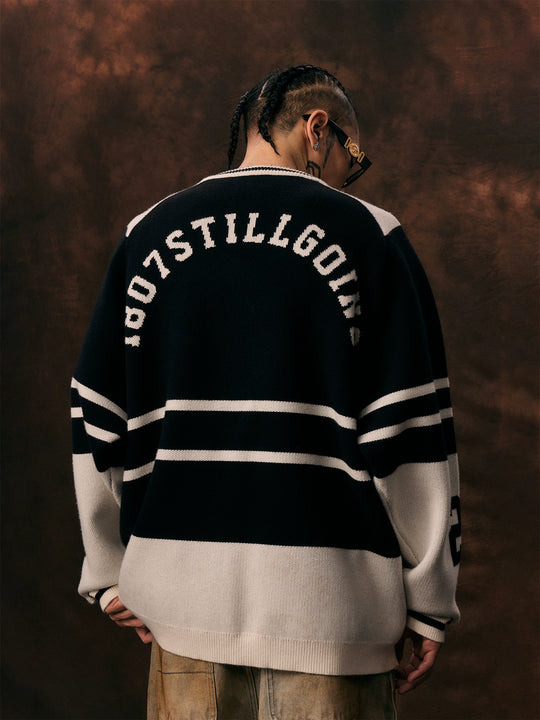1807 Black & White Striped Hockey Jersey Knit Sweater  | Face 3 Face
