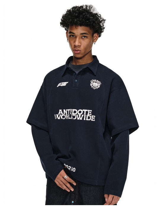 ANTIDOTE Logo & Badge Printed Layered Long Sleeve Polo | Face 3 Face