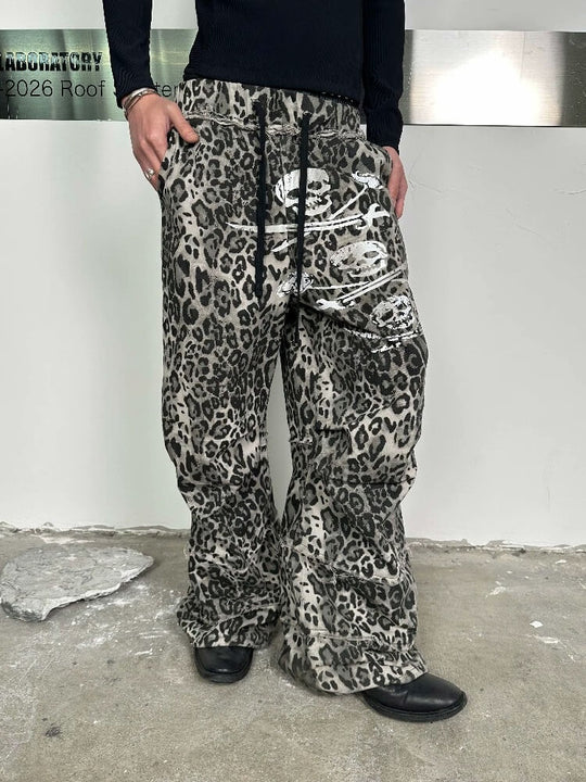 Night Lab Skull Pirate Leopard Printed Distressed Pants | Face 3 Face
