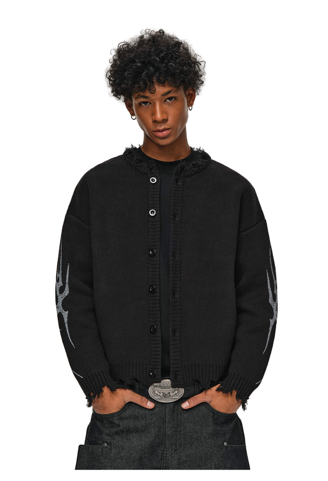 ANTIDOTE Distressed Frayed Tribal Print Knit Cardigan | Face 3 Face