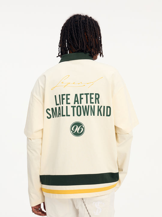 Small Town Kid 3D Embroidered Badge Fake Two-Piece Long-Sleeve Polo | Face 3 Face