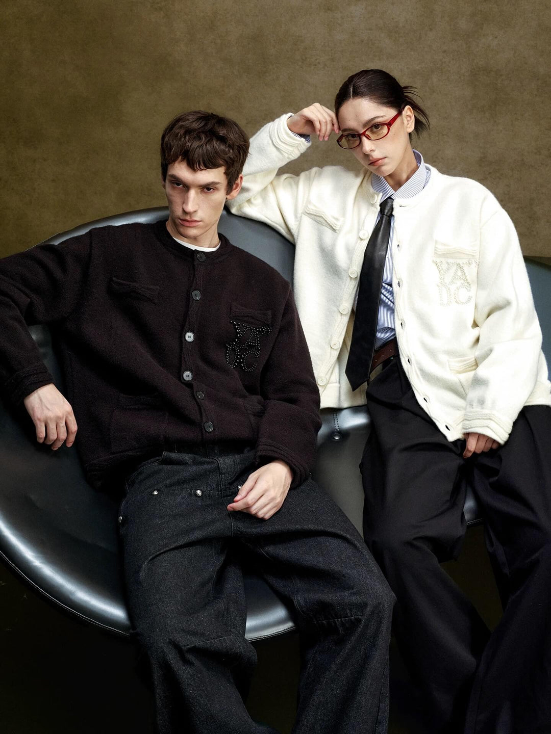 YADcrew Pearl Embellished Jacquard Knit Crew Neck Cardigan | Face 3 Face