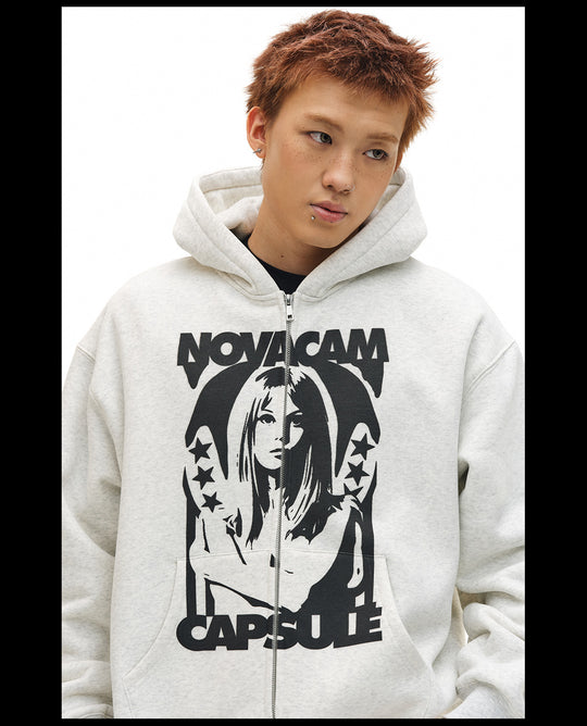 NOVACAM Vintage Print Zip Up Hoodie | Face 3 Face