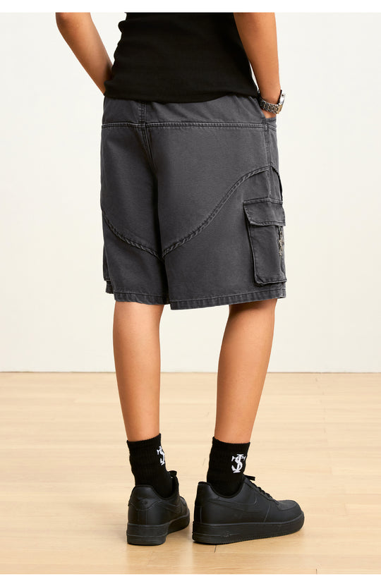 Small Town Kid Washed Denim Utility Cargo Shorts | Face 3 Face