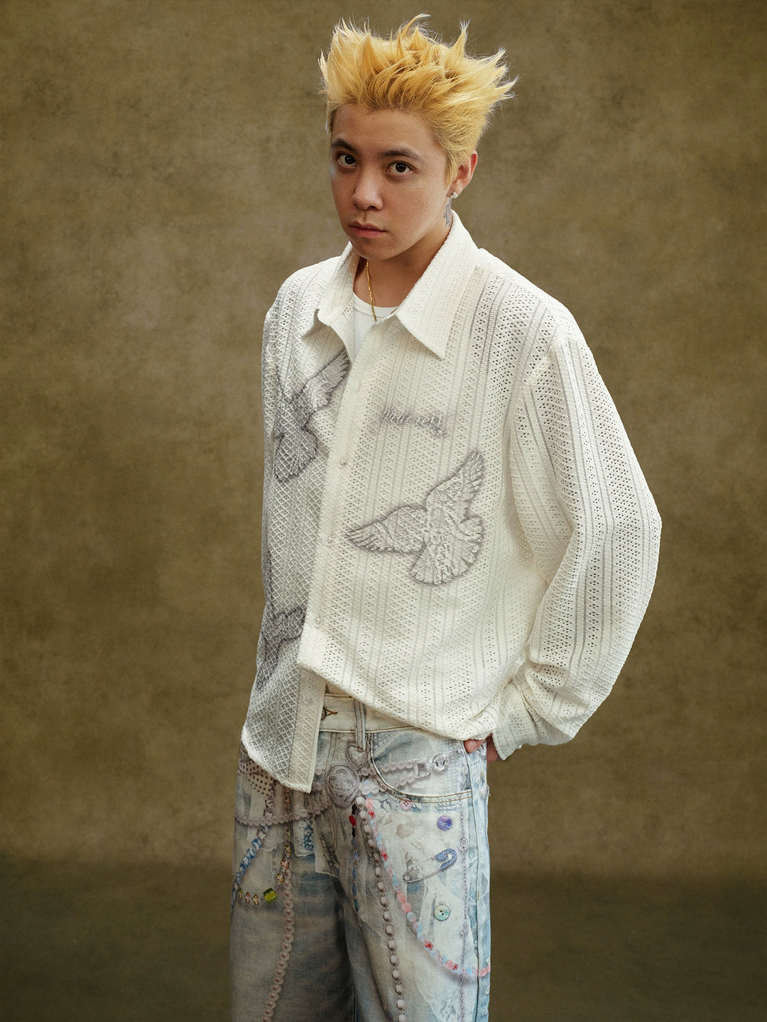 YADcrew Peace Dove Hollow Mesh Long Sleeve Shirt | Face 3 Face