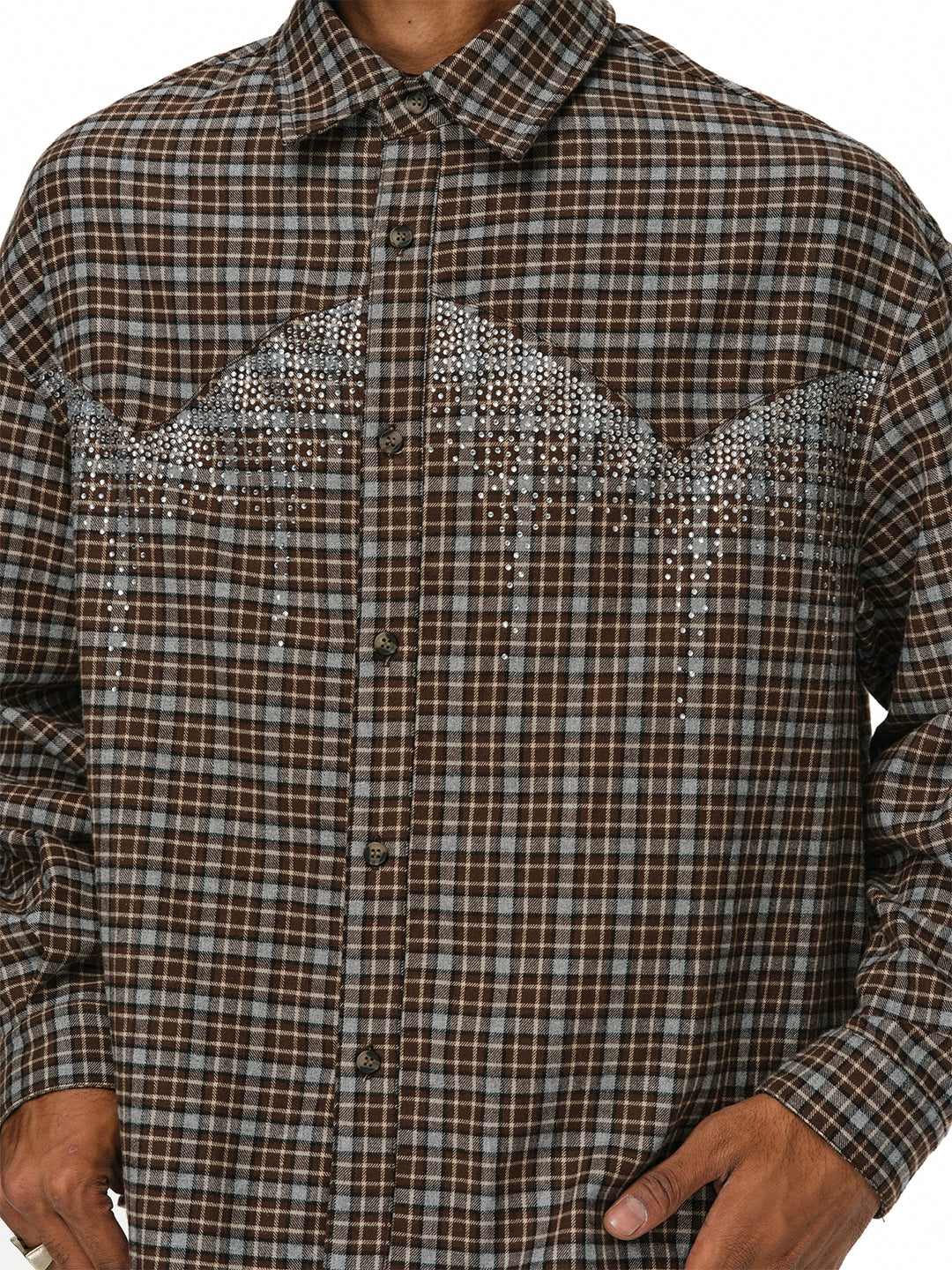 ANTIDOTE Rhinestone Flannel Plaid Long Sleeve Shirt | Face 3 Face