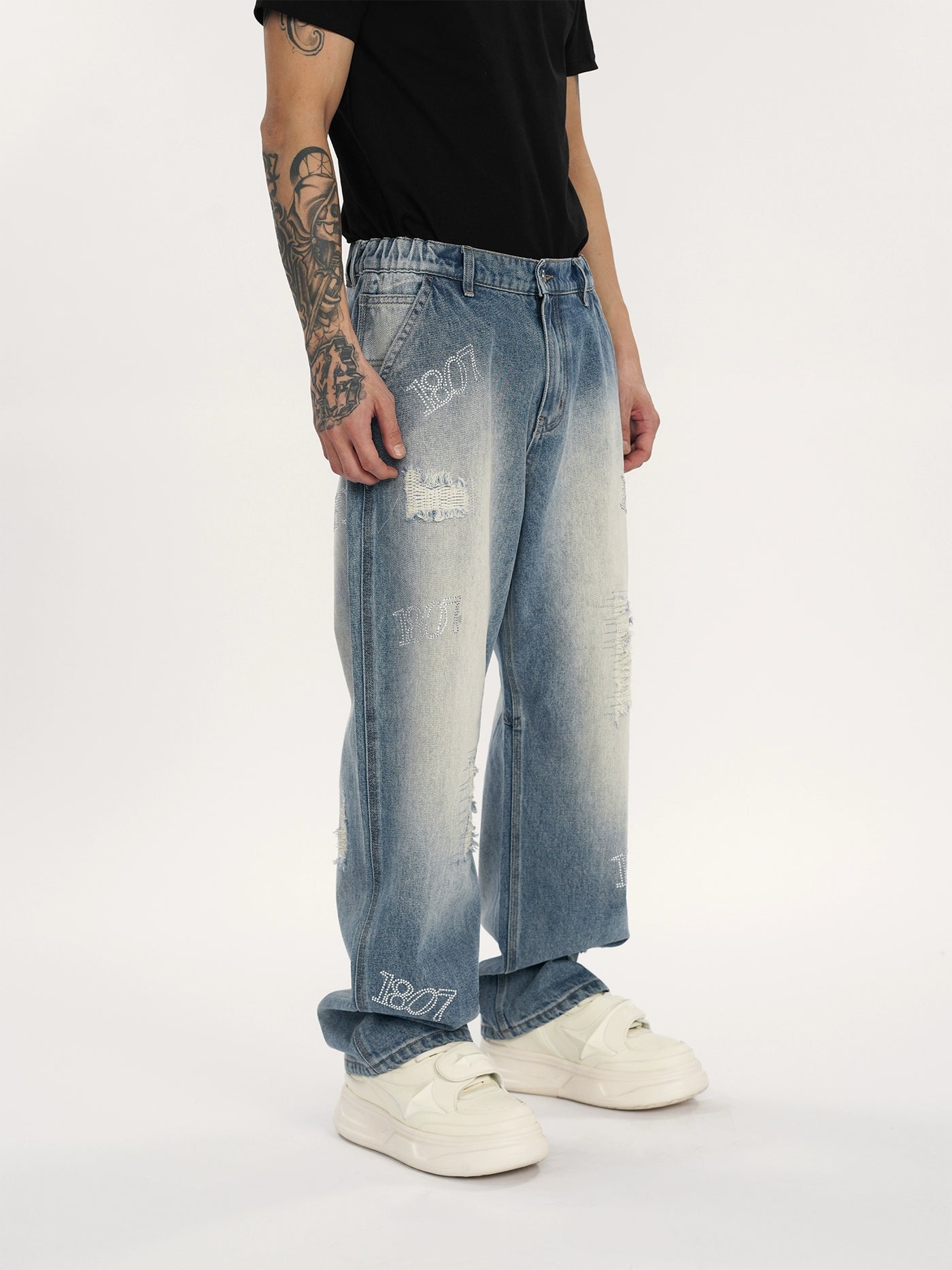 1807 Full Logo Rhinestone Washed Jeans | Face 3 Face