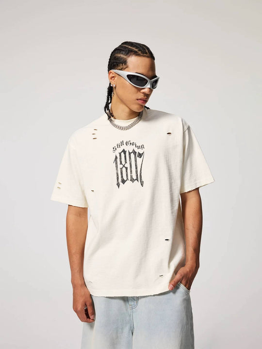 1807 Gothic Letter Angel Vintage Print Heavily Distressed Short Sleeve Tee | Face 3 Face