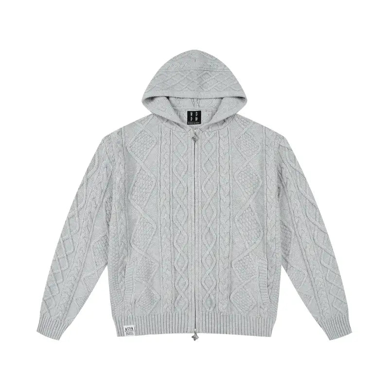 MEDM Hooded Cable Knit Zip Up Cardigan | Face 3 Face