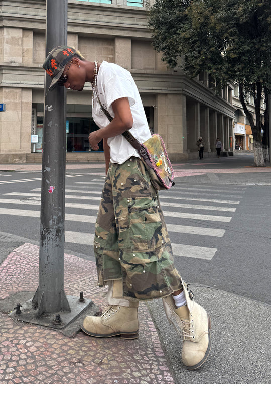 STEEPC M-65 Pearl Embellished Camouflage Baggy Cargo Shorts | Face 3 Face