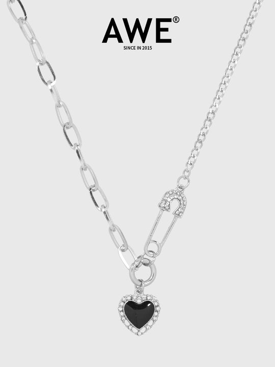 AWE Diamond Pin Black Heart Chain Necklace | Face 3 Face