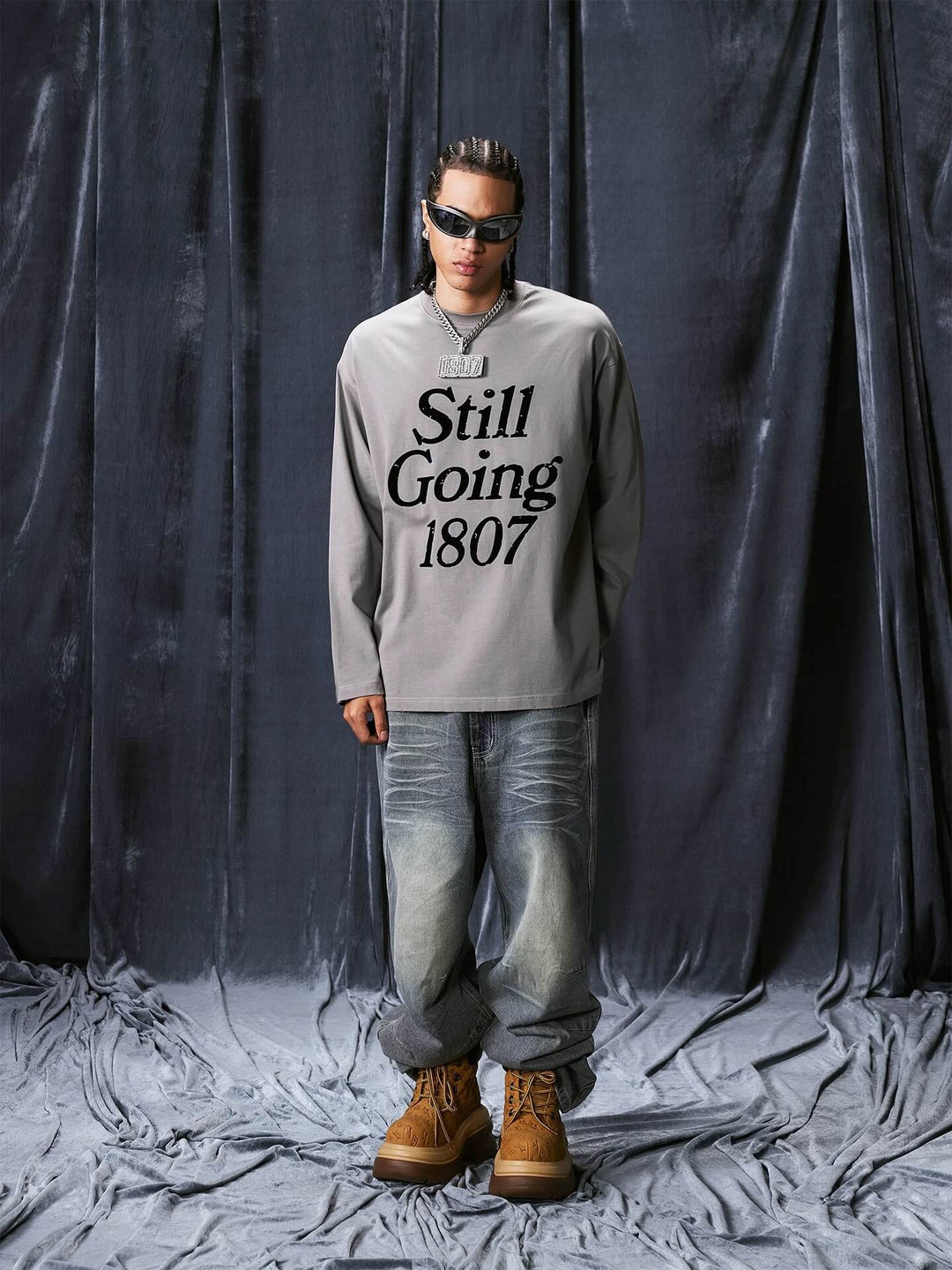 1807 STILLGOING Vintage Flocked Print Long Sleeve Tee | Face 3 Face