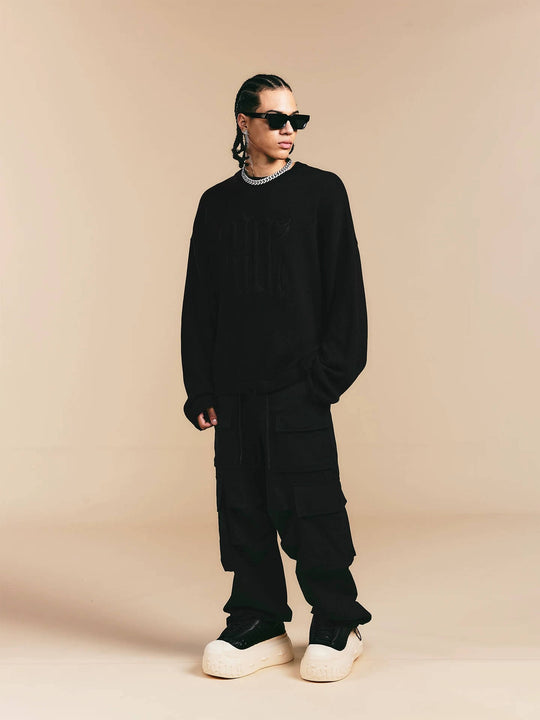 1807 3D Logo Embroidered Distressed Knit Sweater | Face 3 Face