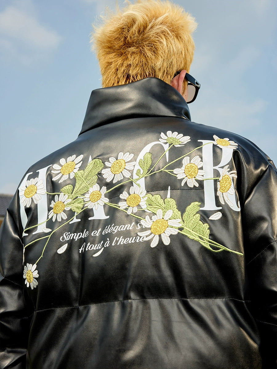 Harsh and Cruel Daisy Embroidery PU Padded Jacket | Face 3 Face