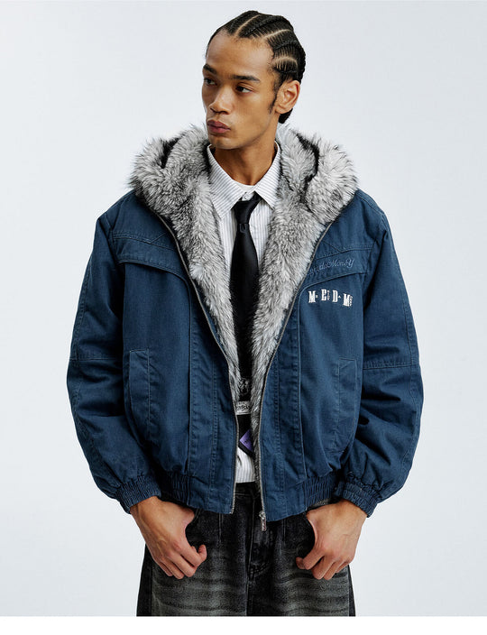 MEDM Fur Lined Washed Work Hooded Jacket | Face 3 Face