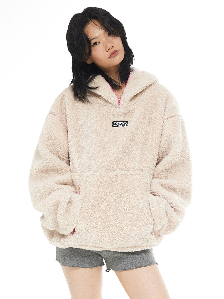 EMPTY REFERENCE Contrast Color Half Zip Hooded Sherpa Fleece Jacket | Face 3 Face