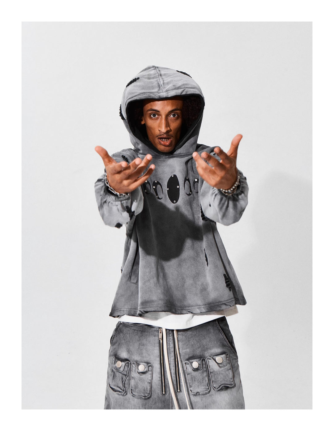 KARMANISTIC Distressed Washed Rivets Hoodie | Face 3 Face