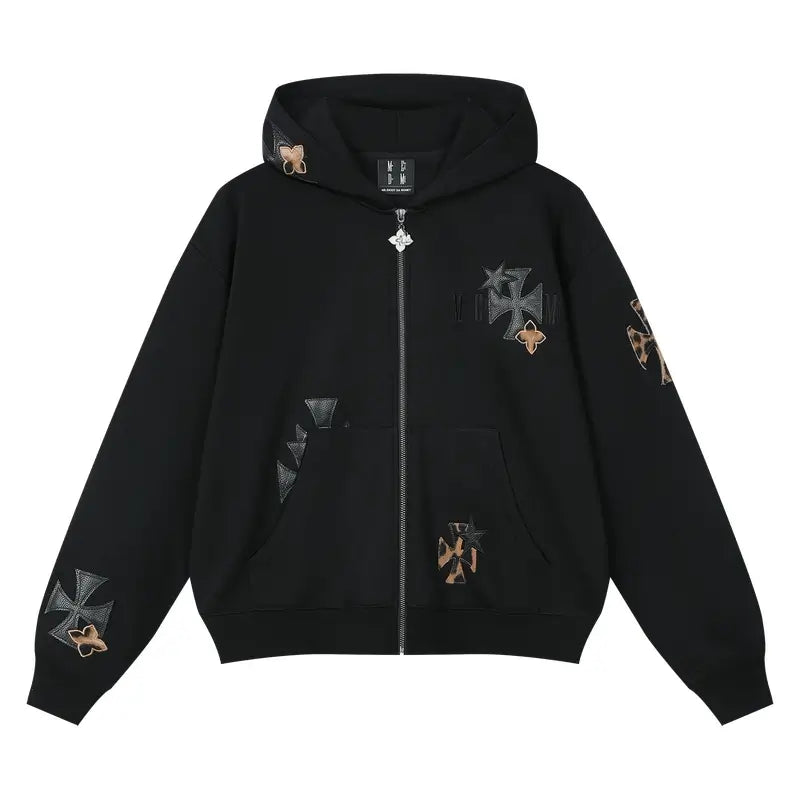 MEDM Cross Star Leather Patchwork Zip Up Hoodie | Face 3 Face