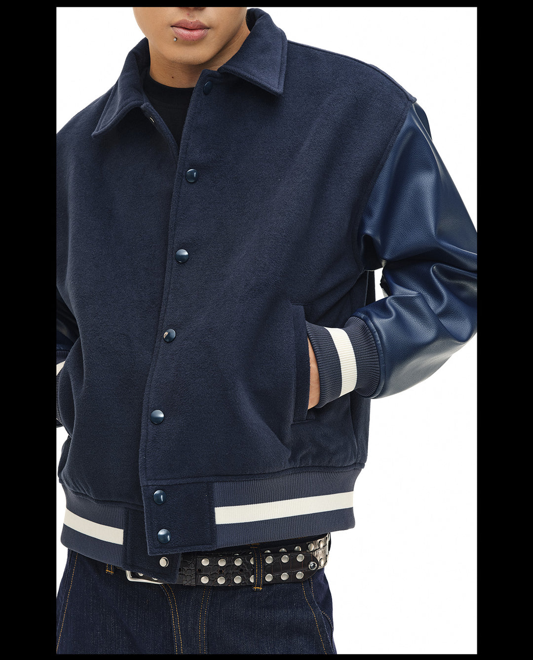 NOVACAM Navy Blue Short Basic Varsity Jacket | Face 3 Face