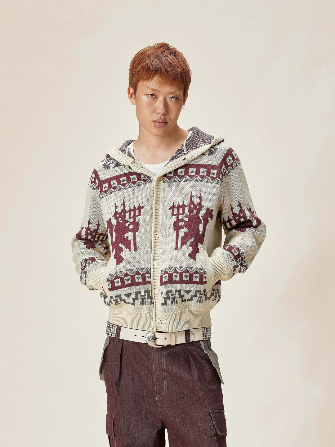 EVILKNIGHT(EK) Ethnic Pattern Knit Hooded Cardigan