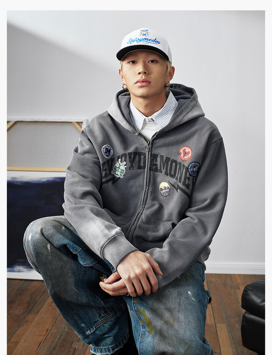 MEDM Gradient Washed Logo Print Embroidered Patch Zip-Up Hoodie | Face 3 Face