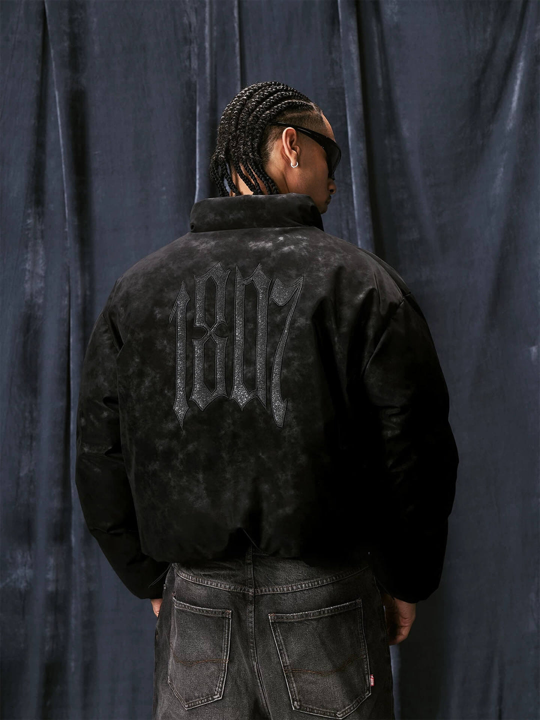 1807 Textured PU Leather Embroidered Down Jacket | Face 3 Face