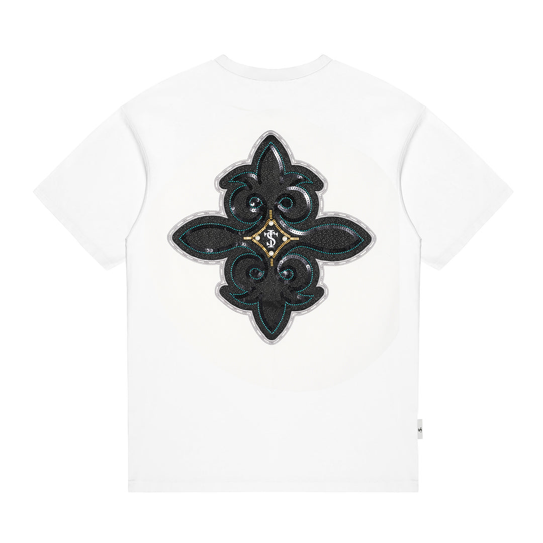 Small Town Kid Cross Pearl Sequin Beaded Embroidery Tee | Face 3 Face
