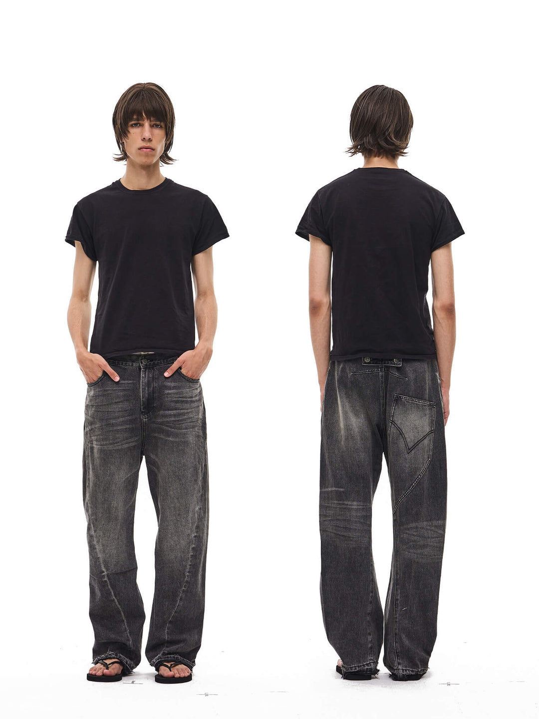 EXITMODE BY BLIND NO PLAN Black Washed Distressed Curved Jeans | Face 3 Face