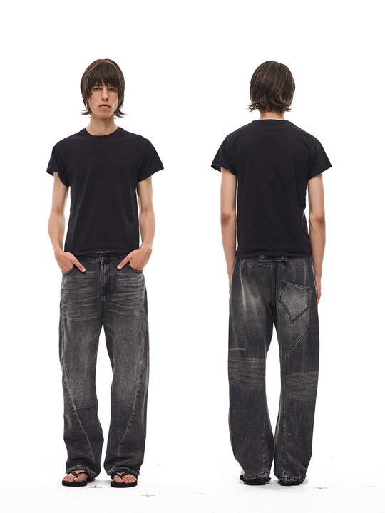 EXITMODE BY BLIND NO PLAN Black Washed Distressed Curved Jeans | Face 3 Face
