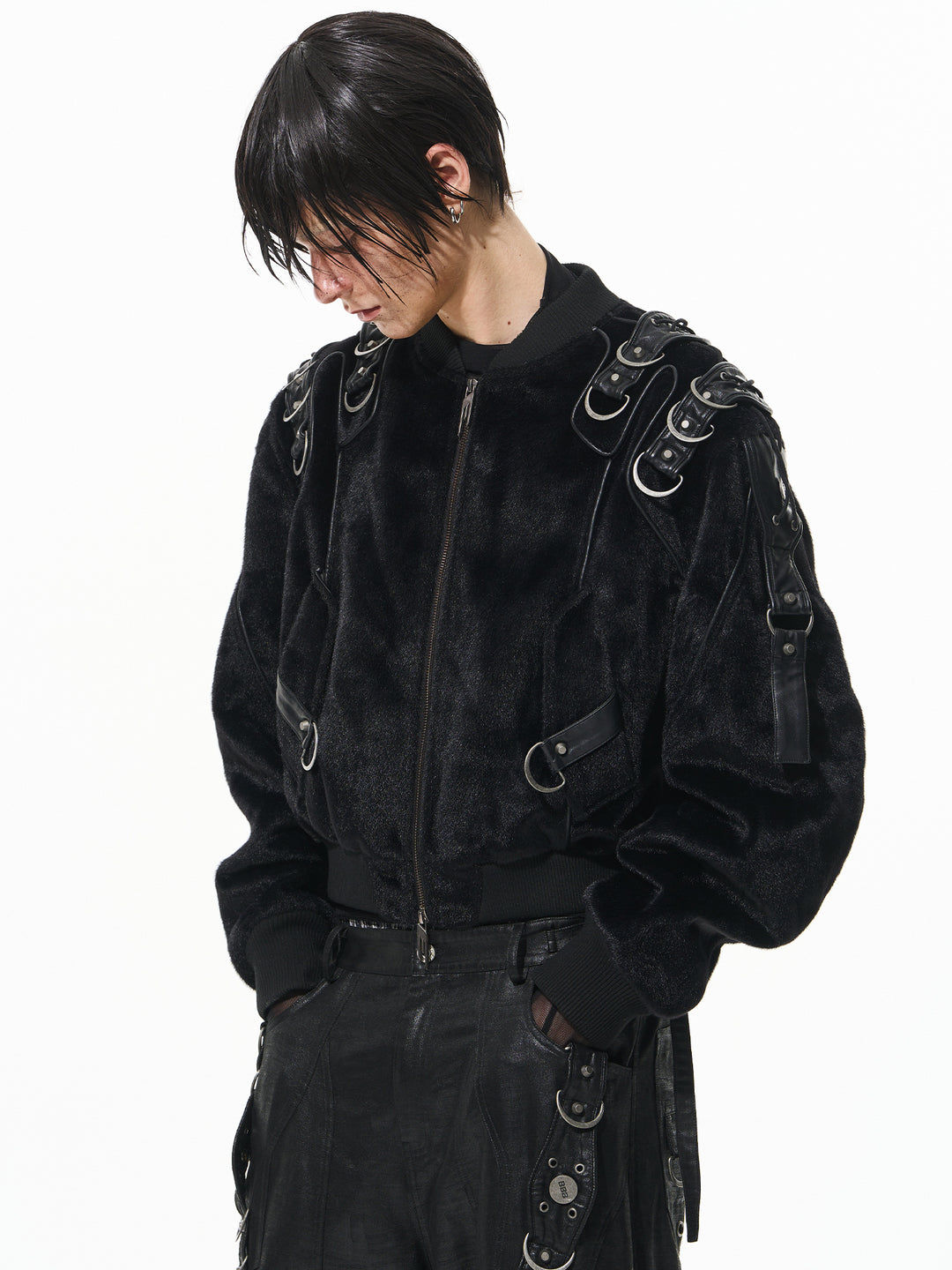 BLIND NO PLAN Metal-Embellished Fur Bomber Jacket | Face 3 Face