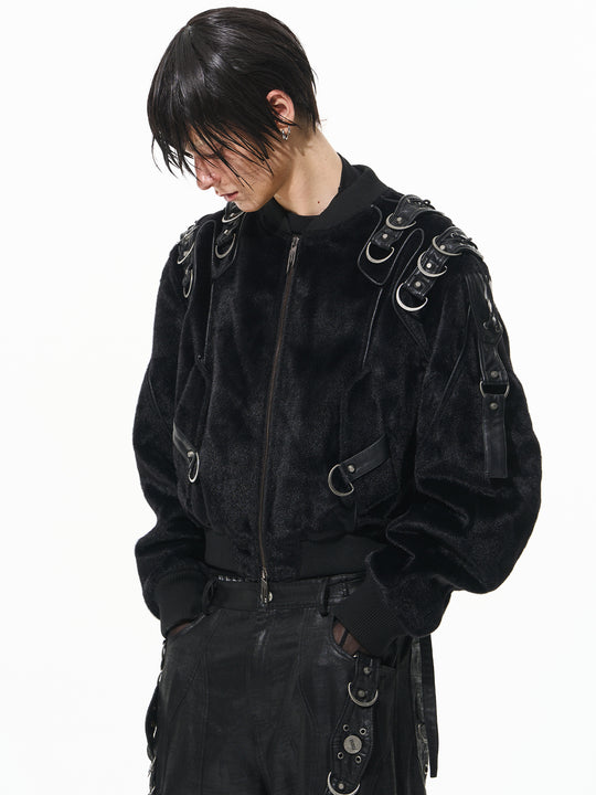 BLIND NO PLAN Metal-Embellished Fur Bomber Jacket | Face 3 Face