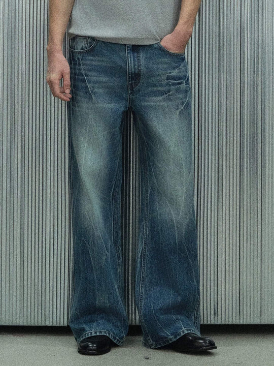 S45 Lightning Crack Wash Distressed Slight Flare Jeans | Face 3 Face