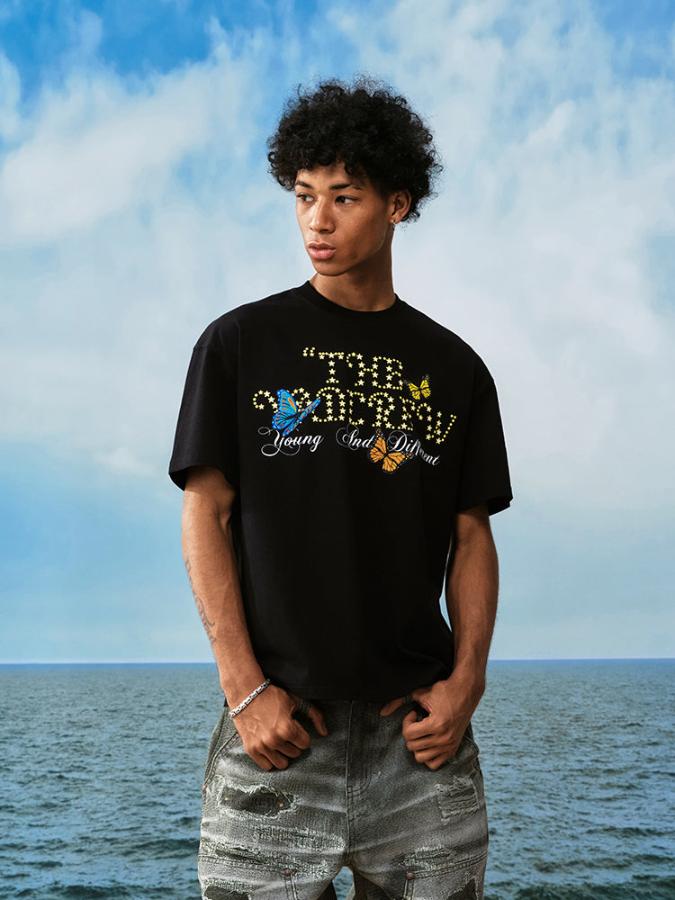 YADcrew Butterfly Embroidery Star Foam Print Tee | Face 3 Face