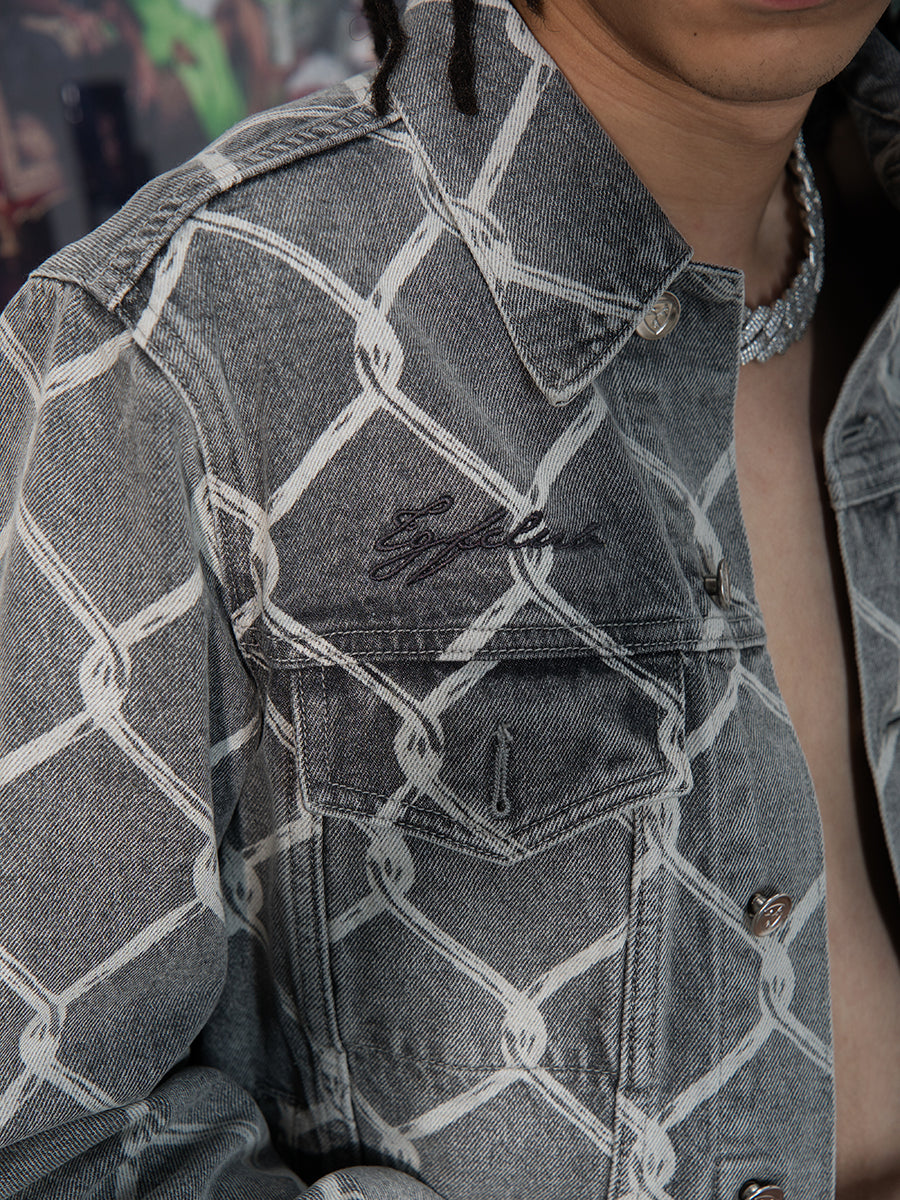 TGFCLUB Chain Link Full Print Washed Slim Denim Jacket | Face 3 Face