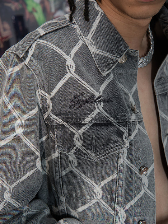 TGFCLUB Chain Link Full Print Washed Slim Denim Jacket | Face 3 Face