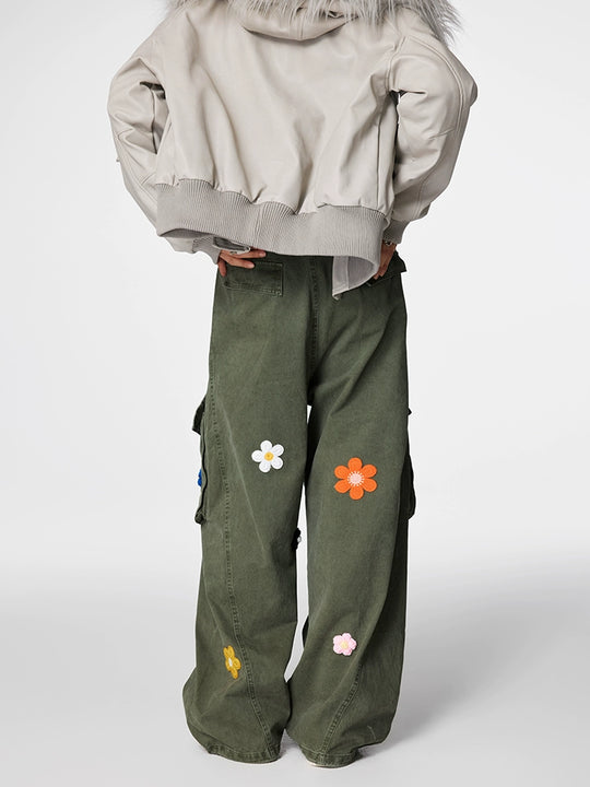Achock Washed Multi Pocket Flower Embroidery Work Cargo Pants | Face 3 Face